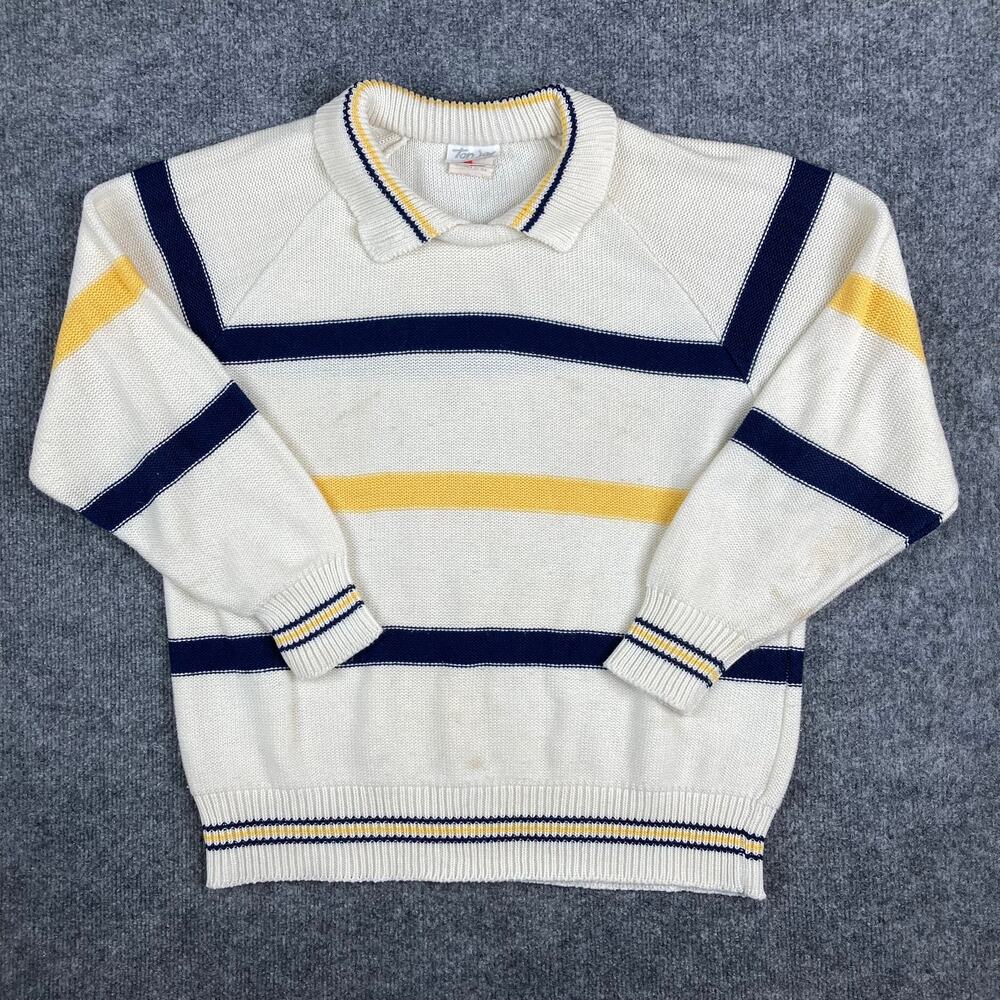 Tan Jay Sweater Womens L Striped Knit Polo Collar‎ Vintage Preppy